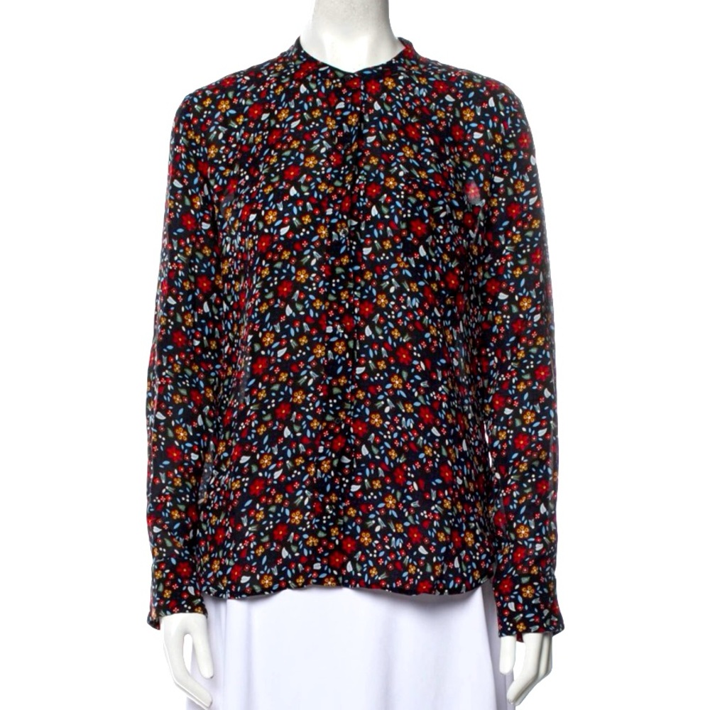 A.L.C. 100% Silk Floral Button Front Long Sleeve Blouse Black Multicolor Size 8 - Picture 2 of 8